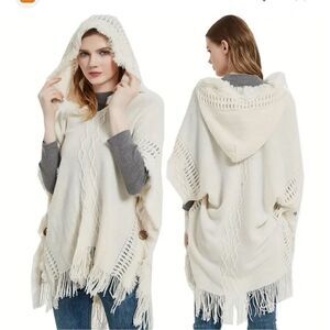 Hooded white knit poncho sweater top shirt s med large xl